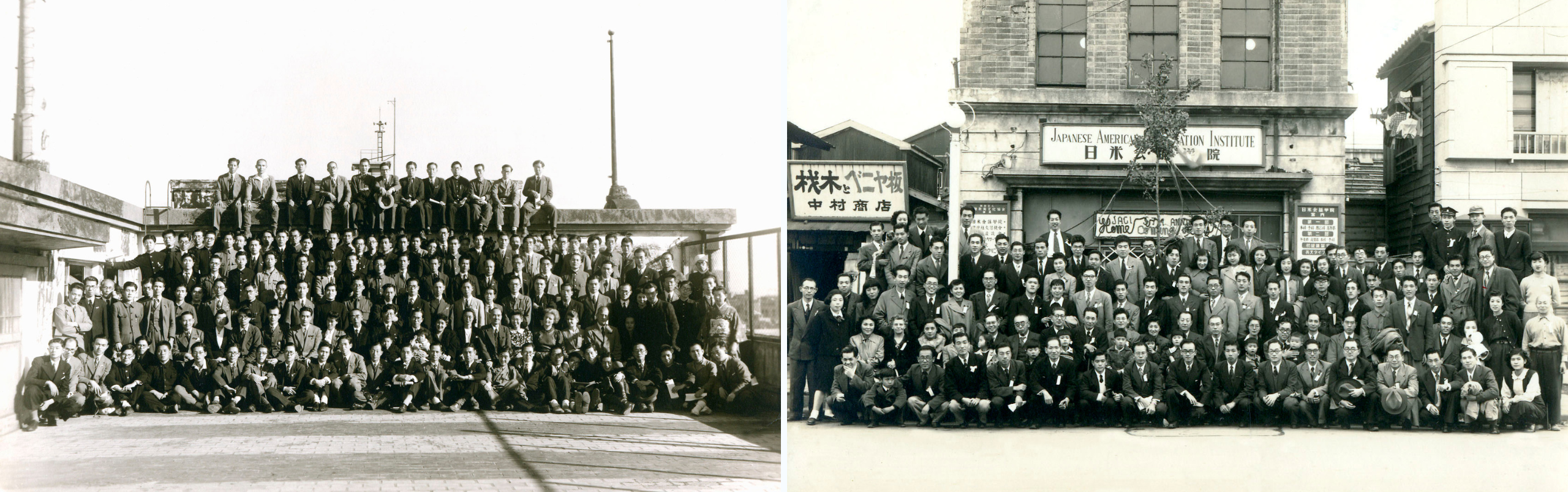 日米会話学院　左：1946年第一回卒業生神田の日本高女の屋上にて、右：神田校舎にてのHome coming day