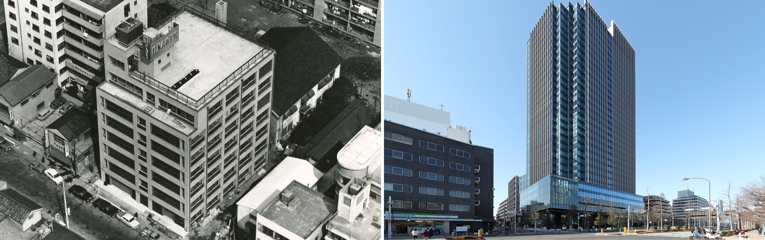 日米会話学院　左：1957年竣工の四谷旧校舎、右：2020年竣工のコモレ四谷