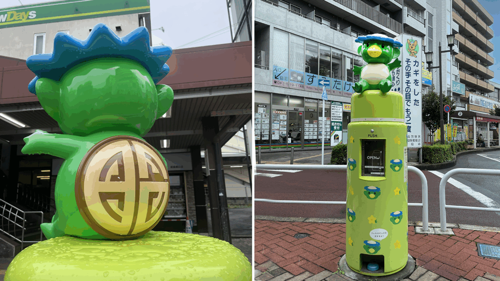 昭島市駅前の給水スポット、昭島市のゆるきゃら「ちかっぱー」がお出迎えします。