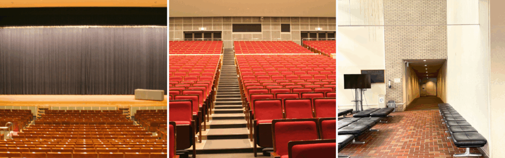 昭島市FOSTERホールの客席、舞台、通路の様子